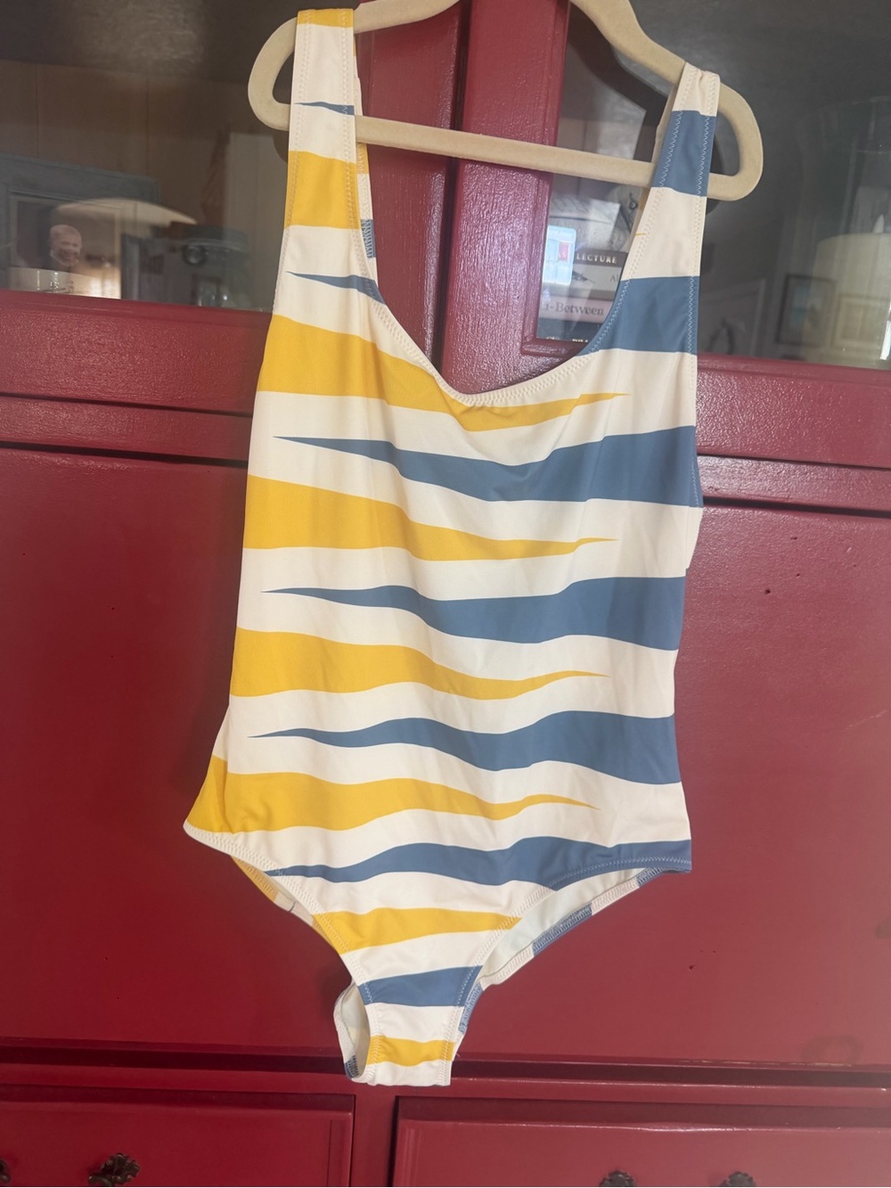 SOLID & STRIPED Yellow, Blue and White Wave Stripe One-Piece Swimsuit